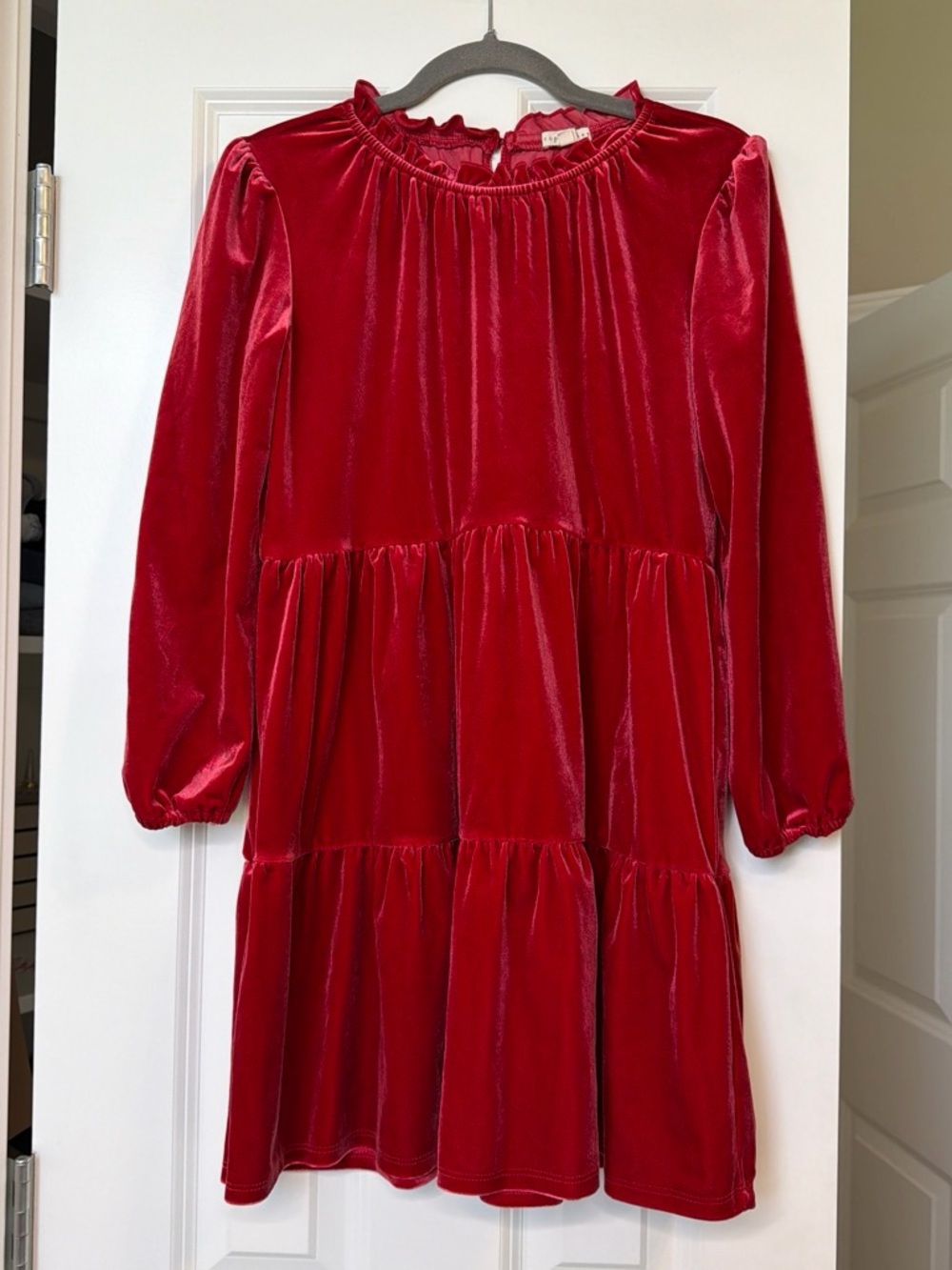 Copper Key Red Velvet Tiered Long-Sleeve Dress